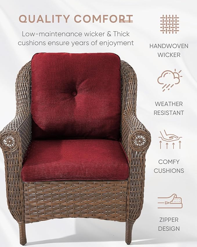 Outdoor Patio Chairs with Fire Pit Table 5 Piece Set - High Back Brown Wicker Rattan Lawn Chair with Thick Cushion for Porch Apartment Deck Yard Poolside Garden - Red
