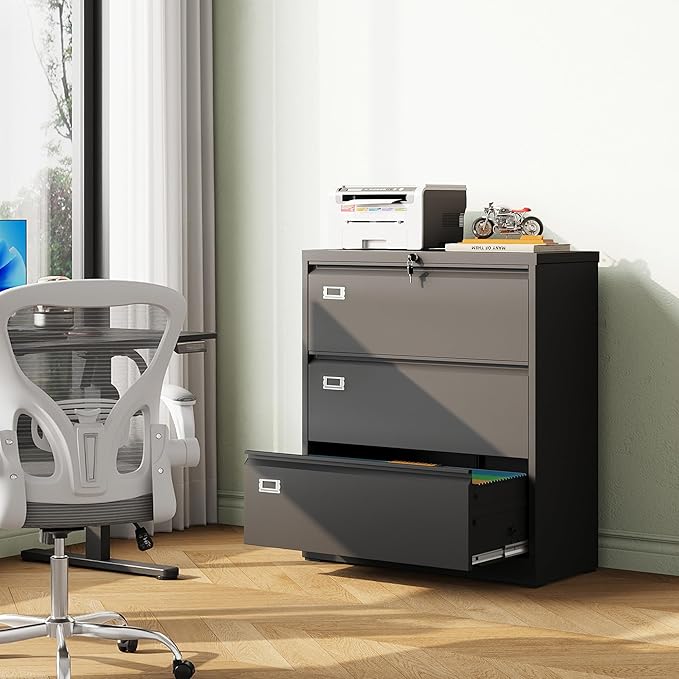 DEVAISE 3 Drawer Lateral File Cabinet with Lock, Metal Filing Cabinets for Home Office, 16" D x 35" W x 40.5" H Wide Storage Organization for Hanging Files Letter/A4/Legal/F4 Size, Black