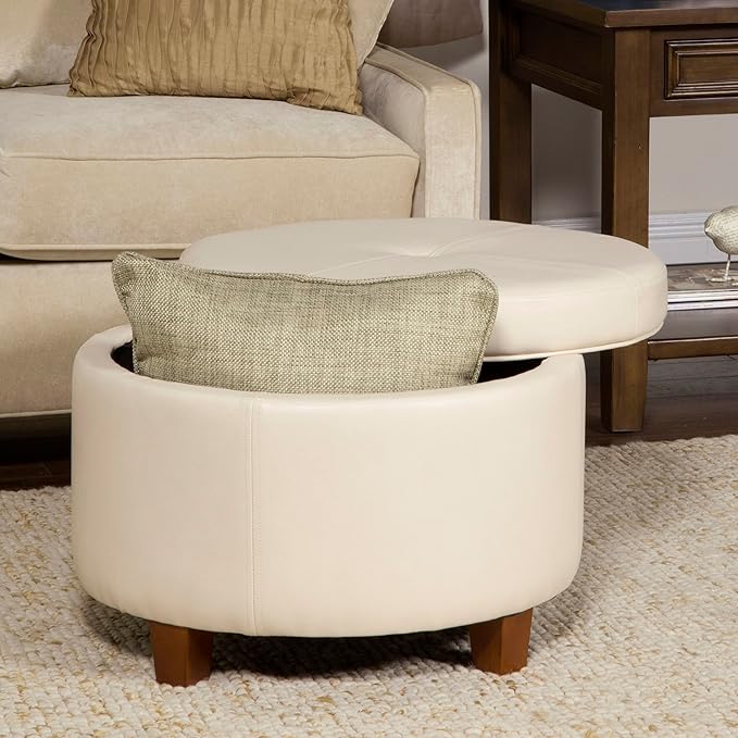 HomePop Large Leatherette Round Storage Ottoman with Removeable Lid, Cream Faux Leather