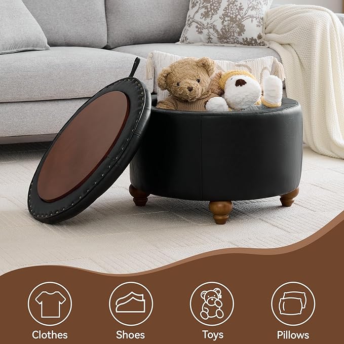 24Inch Round Storage Ottoman with Tray, Modern Tufted Leather Circle Coffee Table with Storage, Upholstered Ottoman with Removable Top for Living Room, Bedroom, Leather Black