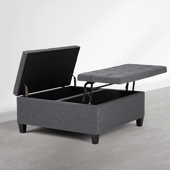 SIMPLIHOME Harrison Coffee Table Storage Ottoman - 36 inch Wide Upholstered Linen Look Fabric Square Storage Ottoman in Flint Grey, Transitional Tufted Ottoman for Living Room with Split Lift-Up Lid