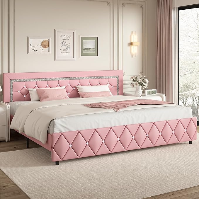 BarnFurin King Size Bed Frame, Faux Leather Upholstered Bed with Diamond Tufted Headboard, Modern King Size Bed with Wooden Slats Support, No Box Spring Required, Easy Assembly, Pink
