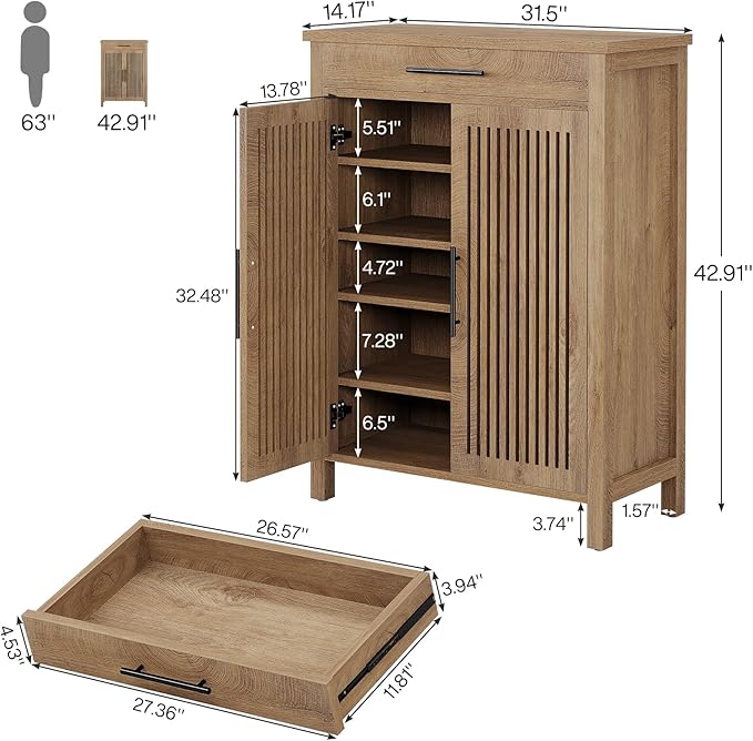 Tribesigns Shoe Cabinet, 5-Tier Shoe Storage Cabinet with Louvered Doors and Drawer, Freestanding Wooden Shoe Rack Organizer with Adjustable Shelves for Entryway, Hallway, Natural