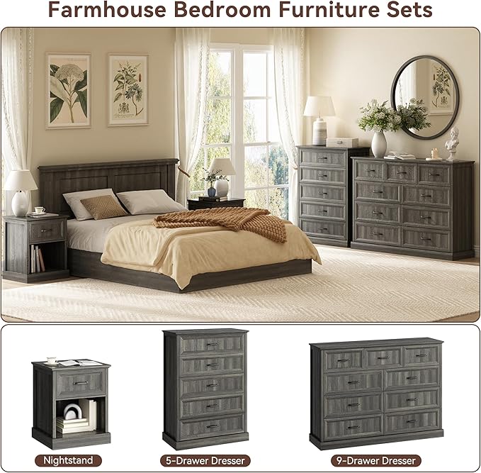 CARPETNAL Farmhouse Dresser and Nightstand Sets for Bedroom, 4 Pcs Bedroom Set, 5 Drawer & 9 Drawer Dresser and Nightstand Set of 2, Wood Chest of Drawers for Living Room, Entryway, Grey