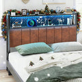VINGLI King Size Headboard Only, Adjustable Upholstered Headboard with 2 Tier Shelves and Pegboard with Charging Stations and LED Lights, Modern Bed Headboard with Storage for Bedroom Decor