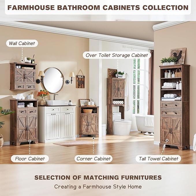 ACCOHOHO Over The Toilet Storage Cabinet, Farmhouse Bathroom Cabinet with Adjustable Shelf & Barn Door, 67" Tall Over The Toilet Shelf, Rustic Brown