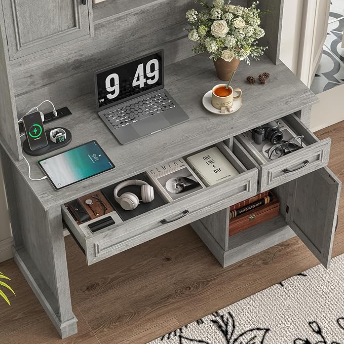 Farmhouse 47" Executive Desk with Hutch, 2 Drawers and LED Light, Computer Desk with Storage Cabinet and Charging Station,Workstation for Home Office and Study.Grey