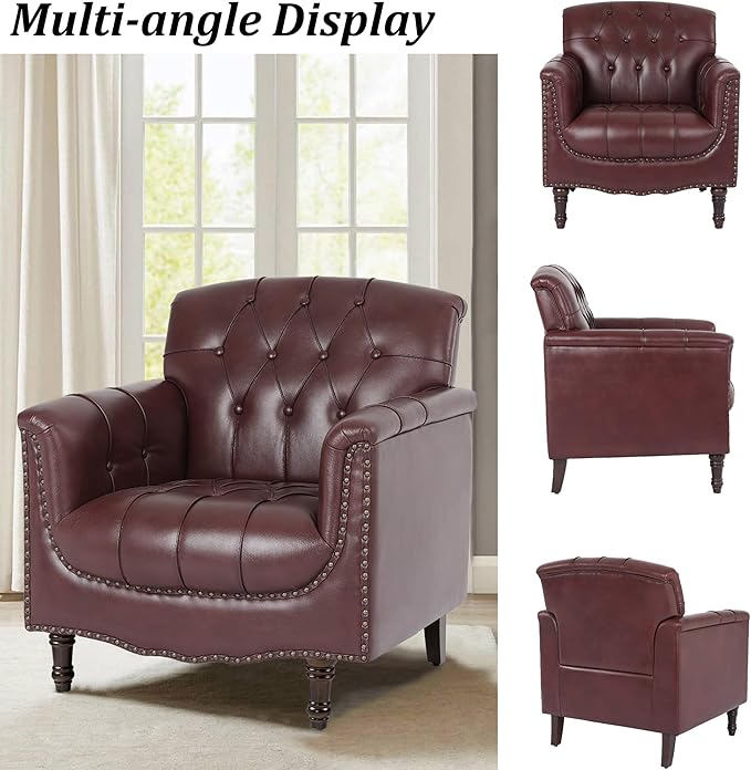 Faux Leather Accent Chair, PU Leather Modern Comfy Upholstered Armchair with Wood Legs & Nailhead Trim for Living Room, Bedroom