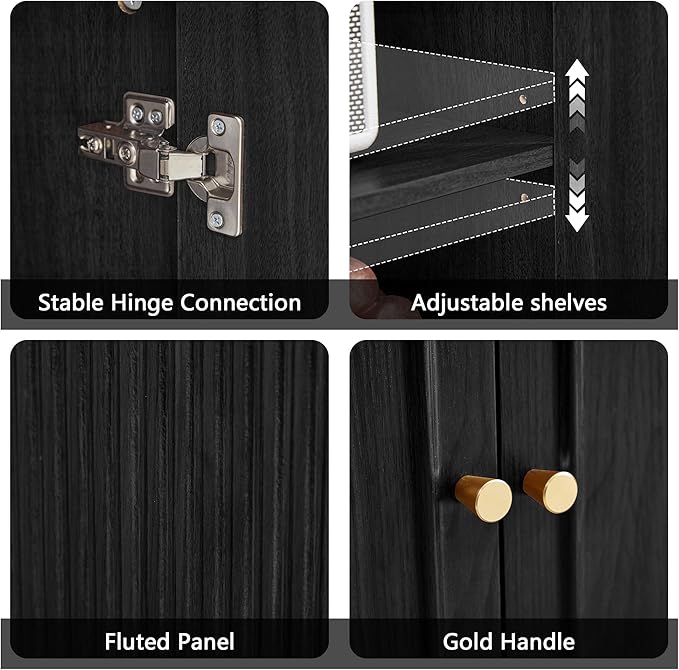 63'' Fluted Sideboard Buffet Cabinet with Storage and 6 Doors, Low Storage Cabinet Modern Wooden Accent Credenza Console Table for Kitchen Dining Living Room Entryway, (63"W*15.75"D*21.4"H) Black