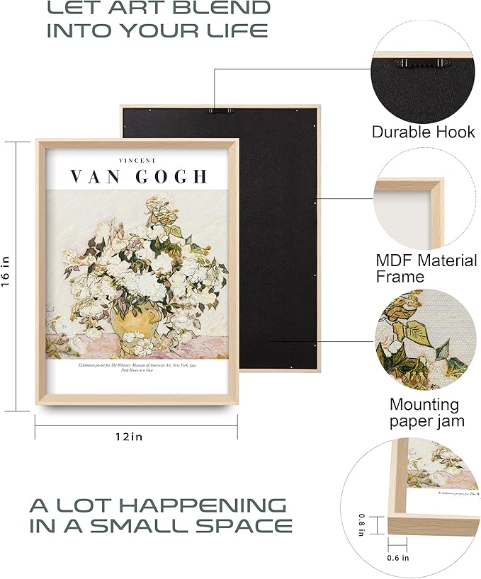 HesenDot Van Gogh High Framed Wall Art Set of 3, 12x16in Neutral Floral Canvas Prints, Abstract Landscape Artwork for Living Room Bedroom Gallery Office Home Décor