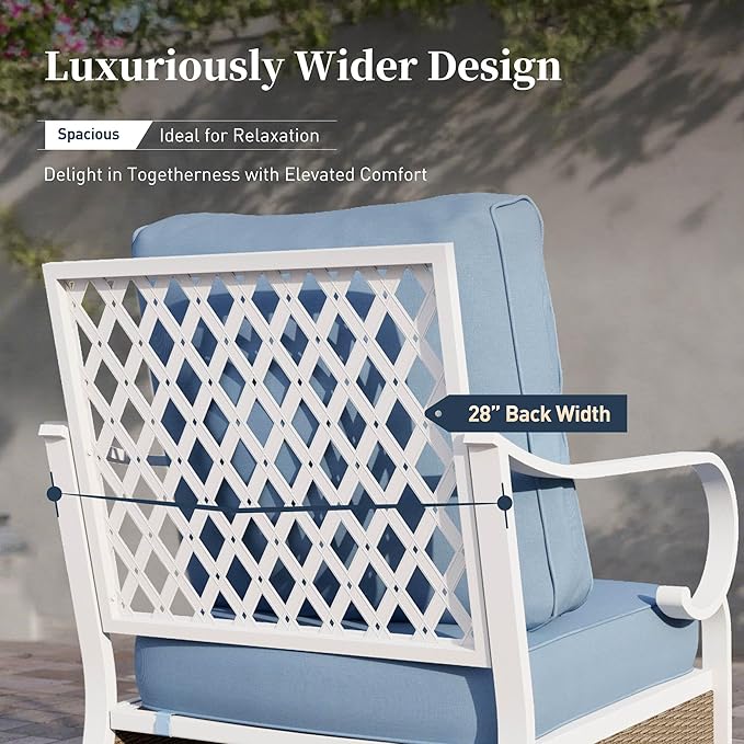 6 Piece Metal Outdoor Patio Furniture Set, Patio Conversation Sets 3-Seater Sofa, 2 Fixed Sofa, 2 Swivel Chair with 5.75" Thick Cushion and Coffee Table White Backyard Furniture, Blue