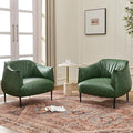 KINWELL 33" W Faux Leather Barrel Chairs Set of 2 with Hand-Tufted Pleated Back Flared Arms, Modern PU Upholstered Accent Chairs with Metal Legs, Large Armchairs Lounge Chairs for Living Room, Green