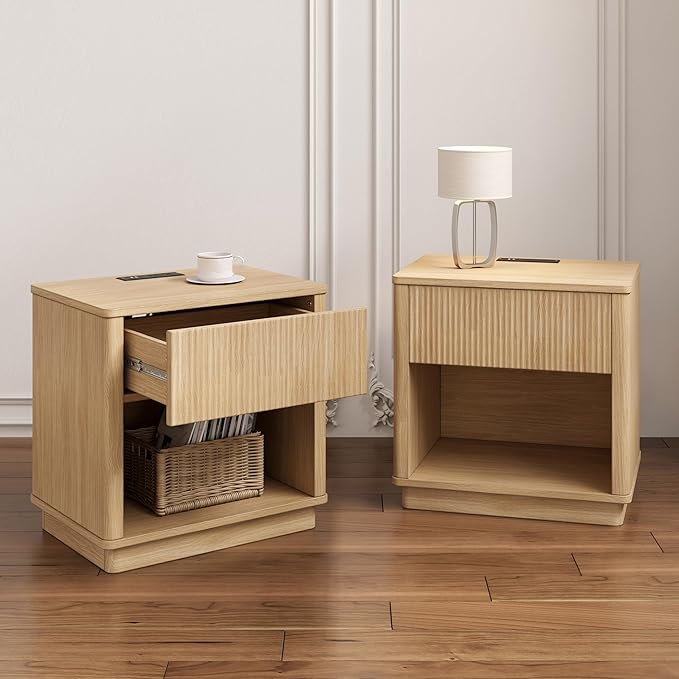 Christopher Knight Home Kyla Set of 2 Nightstand with Charging Station, Wooden Bedside Table/End Table with Outlet & USB Port for Bedroom/Living Room, Multipurpose Storage Cabinet with Drawer, Natural