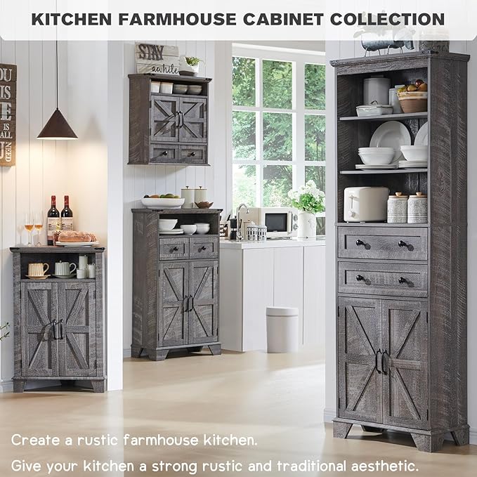 ACCOHOHO Bathroom Wall Cabinet, Farmhouse Medicine Cabinet, 24" Wide Cabinet with Drawer, Adjustable Shelf, Double Barn Doors, Storage Cabinet for Bathroom, Kitchen, Living Room, Grey Wash