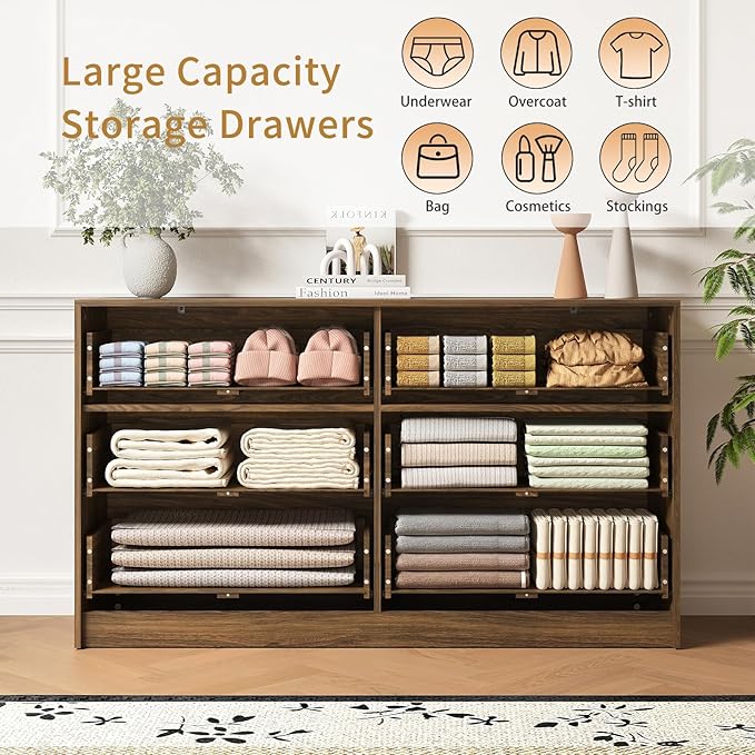 6 Drawers Fluted Dresser for Bedroom, 55" Wide Wooden Dresser with Deep Drawers, Large Floor Chest of Drawers, Modern Long TV Stand, Storage Cabinet Side Table, Walnut