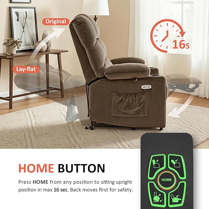 MCombo Dual Motor Power Lift Recliner Chair with Massage and Heat for Elderly People, Infinite Position, USB Ports, Cup Holders, Fabric 7679 (Medium, Brown)