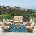 VIVIJASON 7-Piece Outdoor Patio Wicker Conversation Sets, All Weather Outdoor Rattan Furniture Set Includes Glider Loveseat, 2 Rocking Chairs, 2 Swivel-Gliders Chairs, 2 Coffee Table, Light Brown