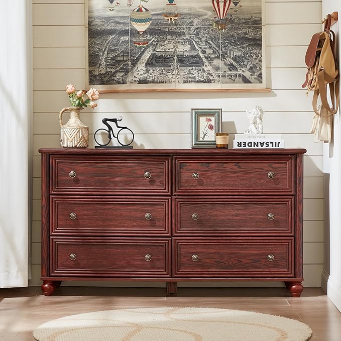 6 Drawers Dresser for Bedroom, Farmhouse 54" Wide Wood Dressers Chest of Drawers, Vintage Design TV Stand, Rustic Storage Dresser Organizer with Metal Handle Closet for Living Room, Hallway