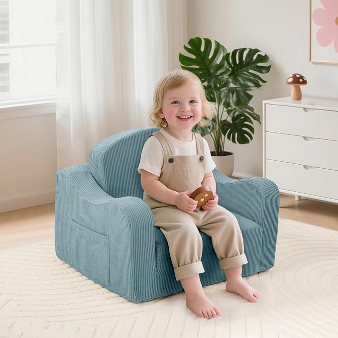 Comfy Toddler Chair for Kids, 2-in-1 Toddler Soft Plush Couch Fold Out, Convertible Kids Couch to Lounger, Baby Sofa for Boys and Girls, Blue