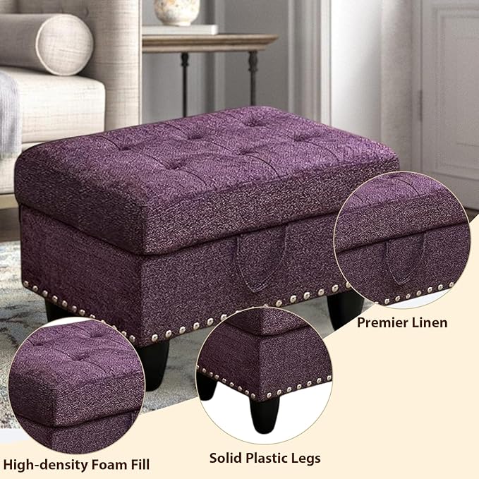 Linen Fabric Storage Ottoman with Nailhead Trim, 28.5"X19.5"X17.5" Footrest Stool, Hidden Storage Foot Stool for Living Room, Bedroom Furniture, Purple Amaranth Leaves
