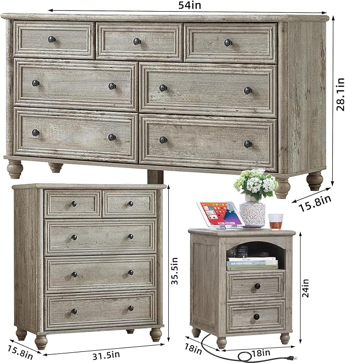 Farmhouse Dressers & Night Stand Set of 4, Wood 54" Wide 7 Drawer Dresser & 35" Tall Chest of Drawers, 18" Roman Column Nightstand Set of 2, Bedroom Furniture Dresser Sets for Home Living Room Hallway
