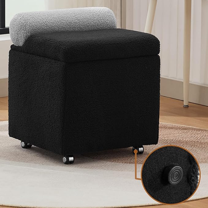 Boucle Vanity Chair with Storage, Swivel Makeup Vanity Chair with Wheels & Safety Hinge, Upholstered Vanity Stool Ottoman for Bedroom, Dressing Room, Black