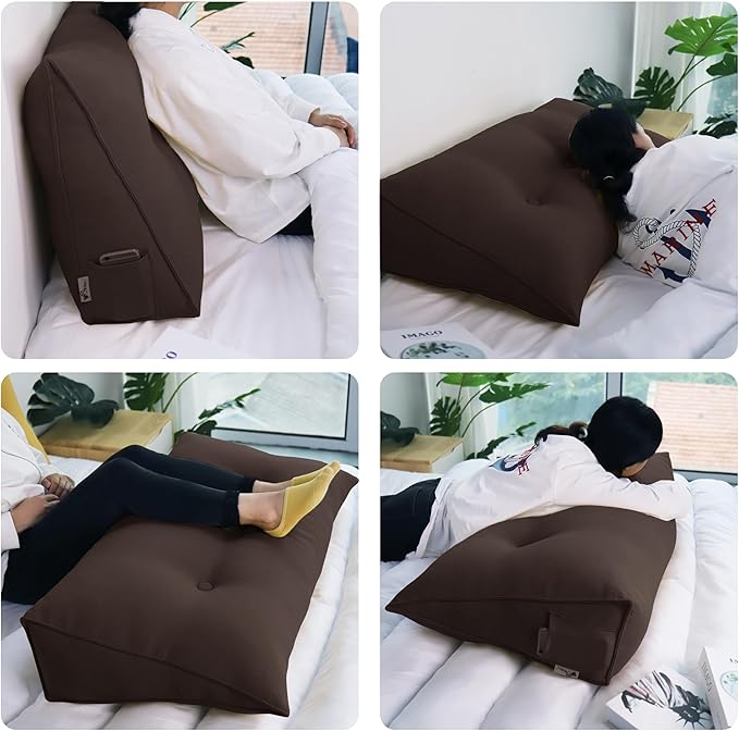 WOWMAX 85% Linen 15% Cotton Blend Headboard Pillow – King Size Reading Wedge Backrest for Bed, Handmade Firm Support Bolster Cushion with Removable Cover, Premium Bed Rest Pillow, Brown