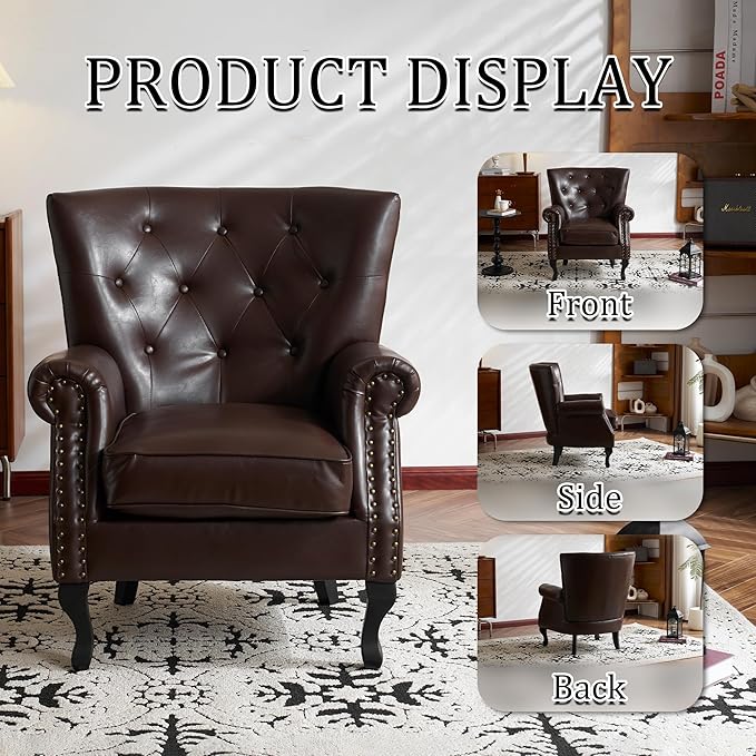 Modern Faux Leather Accent Chair, Upholstered Mid-Century Armchair with Solid Wood Legs, Single Sofa Chair for Living Room, Bedroom, or Reading Room（Caramel）