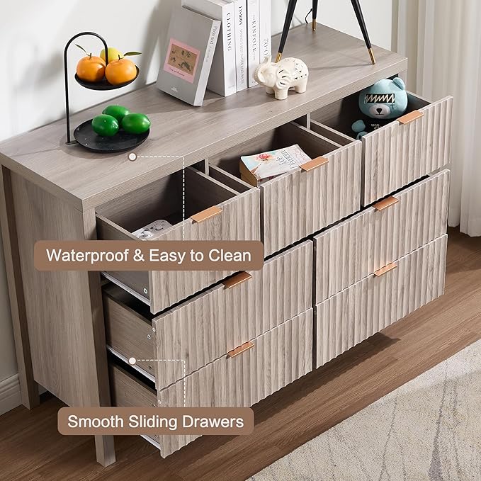 Fluted Dresser for Bedroom with 7 Drawers, 47" Wide Modern Chest of Drawers, Wood Dresser TV Stand Wooden Closet Clothes Storage Organizer for Bedroom, Living Room, Hallway - Oak Grey