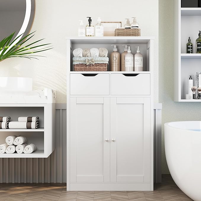 Shintenchi Floor Storage Cabinet, Bathroom Organizer with Doors and Drawers, Freestanding Side Cupboard Pantry with Adjustable Shelf, White