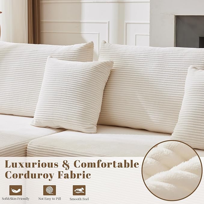 106" Cloud Sectional Couch, Modular Sectional Sofa with L-Shape Chaise, Corduroy Boneless Couch with Deep Seat, Upholstered Sofa for Living Room, No Assembly Required(Left-Facing Chaise, White)