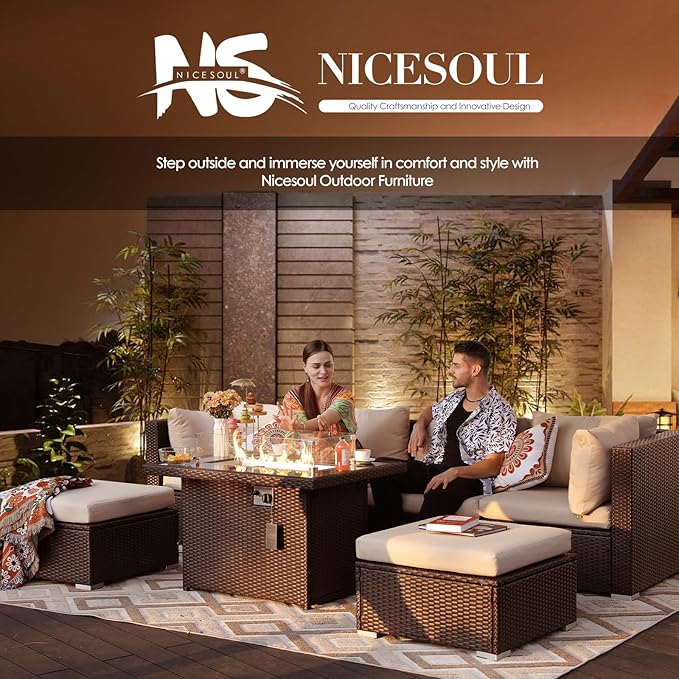 NICESOUL 9 Piece Modern Extra-Large Outdoor Patio Sectionals with Fire Pit Table Natural Gas & Propane, 29.3'' High Back Comfortable Conversations for Outside, Deep Seating Modular Sofa Couches, Tan