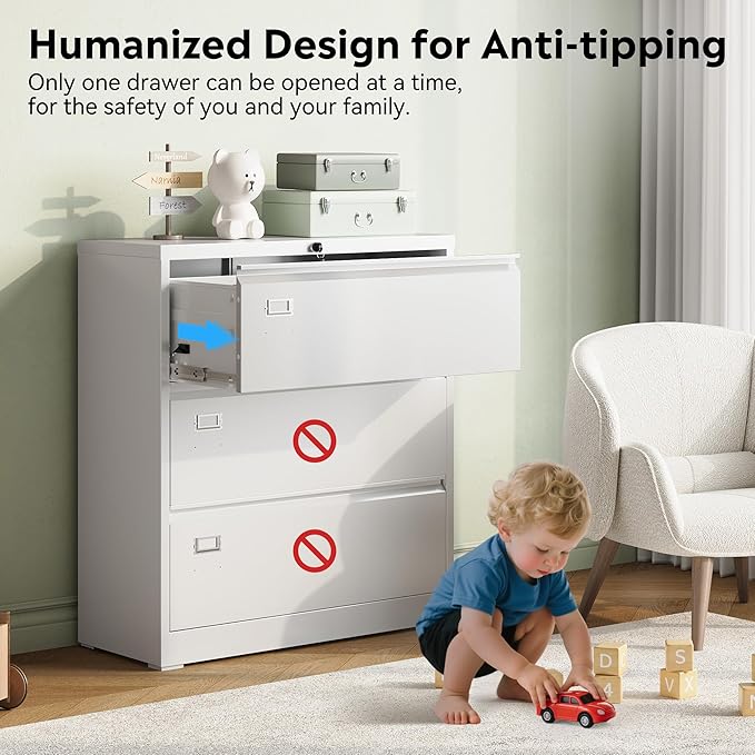 DEVAISE 3 Drawer Lateral File Cabinet with Lock, Metal Filing Cabinets for Home Office, 16" D x 35" W x 40.5" H Wide Storage Organization for Hanging Files Letter/A4/Legal/F4 Size, White