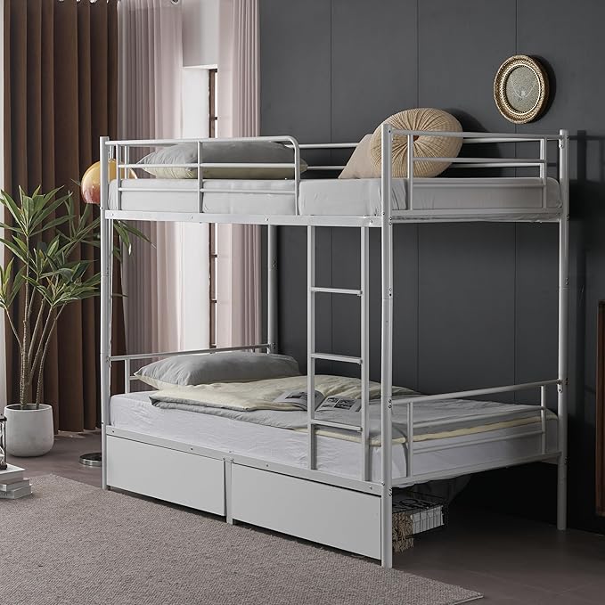 Karl home White Bunk Bed Twin Over Twin with 2 Storage Drawers, Metal Bunk Bed with Built-in Ladder and Safety Guardrail, Space-Saving Twin Bunk Beds for Kids, Teens & Adults, No Box Spring Needed