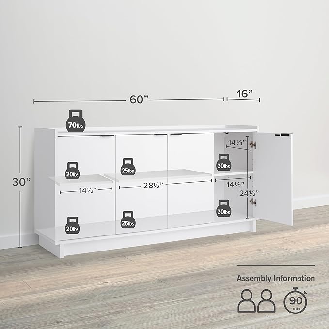 Prepac Simply Modern 4 Door Console Table with Storage, White Storage Cabinet with Doors and Shelves, Sideboard Storage Cabinet 60" W x 30" H x 16" D, WCBG-1820-1