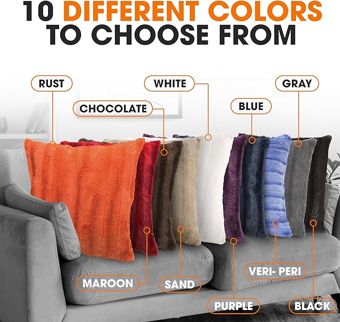 Cheer Collection Fall Decorative Throw Pillows for Couch – Set of 2 Faux Fur Fall Pillows for Couch, Cozy Fall Couch Pillows for Living Room or Bed, Soft, Rust Accent Pillows, 26" x 26"
