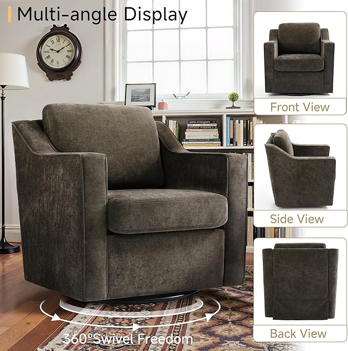 Pia Ricco 360° Swivel Accent Chair, Plush Oversized Chenille Fabric Armchair with Removable Cover for Living Room and Reception,Night Brown Black