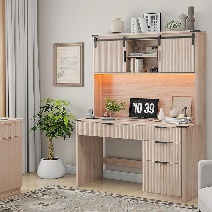 Vabches 67" H Executive Desk with Fluted Drawers,4 Drawers Fluted Computer Desk with LED Light,Charging Hub,Wood Workstation with Hutch and Sliding Barn Doors for Work and Study