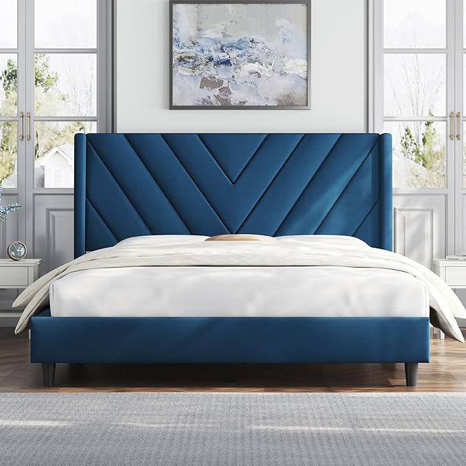 Yaheetech Queen Bed Frame Upholstered Platform Bed with Wing Side/Wooden Slat Support/Tufted Headboard with Wing Side/Mattress Foundation/No Box Spring Needed,Blue Queen Bed