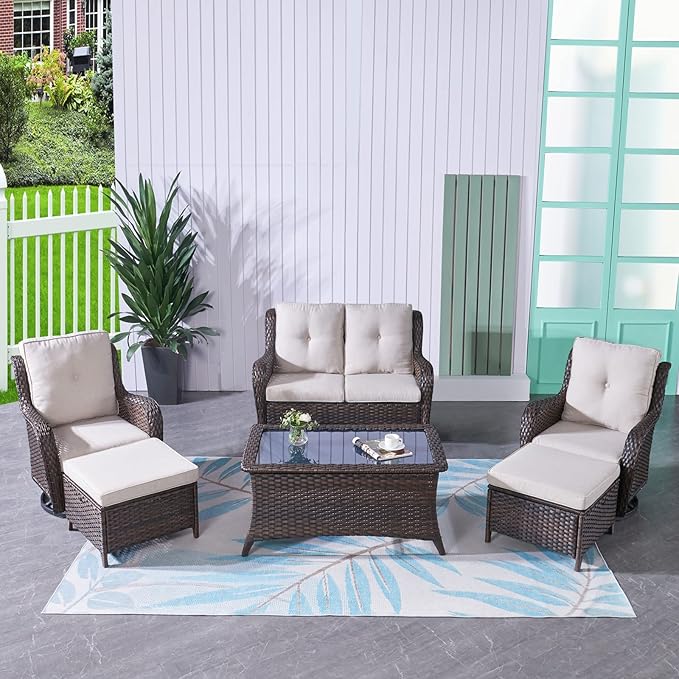 HUMMUH 6 Pieces Outdoor Patio Furniture Set Wicker Swivel Patio Chairs with Ottomans 2 Seater Outdoor Sectional Sofa/Patio Loveseat with Coffee Table