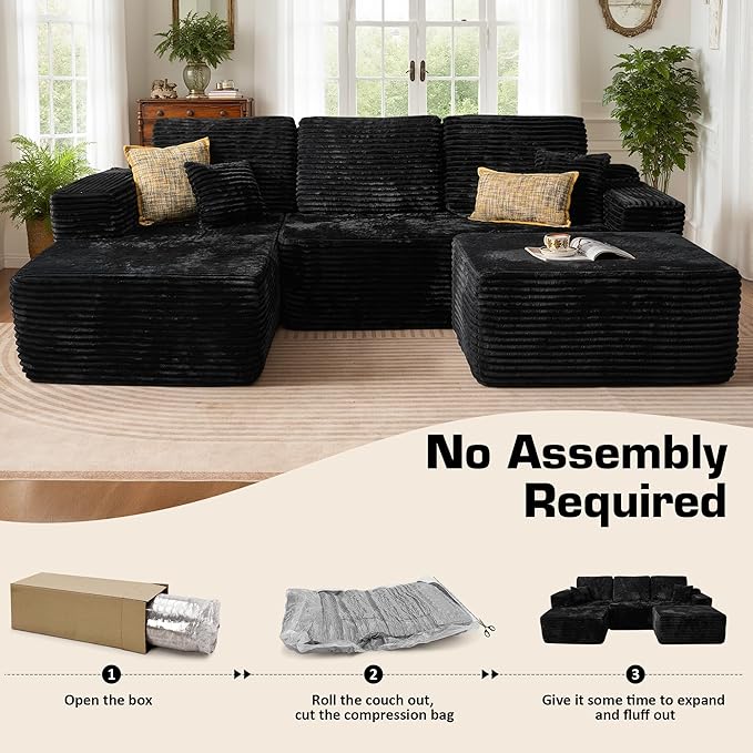 106" Cloud Sectional Couch with L-Shape Chaise & Ottoman, No Assembly Modular Sofa, Deep Seat Plush Corduroy Boneless Couched for Living Room (Black Plush Corduroy, Left Facing Chaise with Ottoman)