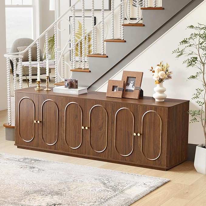 63'' Fluted Sideboard Buffet Cabinet with Storage and 6 Doors, Low Storage Cabinet Modern Wooden Accent Credenza Console Table for Kitchen Dining Living Room Entryway, (63"W*15.75"D*21.4"H) Walnut