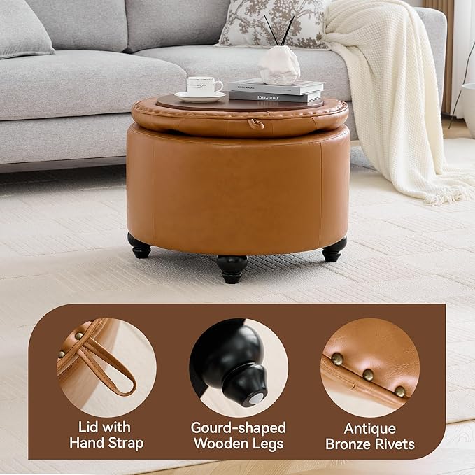 24Inch Round Storage Ottoman with Tray, Modern Tufted Leather Circle Coffee Table with Storage, Upholstered Ottoman with Removable Top for Living Room, Bedroom, Leather Brown
