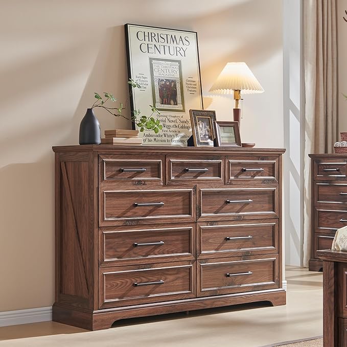 ACCOHOHO Farmhouse 9 Drawer Dresser for Bedroom, 36 Inch Tall Modern Dresser TV Stand with Large Drawers & Bar Handles, Rustic Wood Chest of Drawers for Bedroom, Living Room, Hallway, Brown