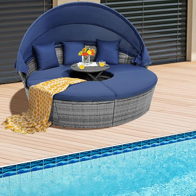 COSTWAY Patio Round Daybed with Retractable Canopy, Wicker Furniture Sectional Couch with Separate Cushioned Seats, Adjustable Table Top, Patio Rattan Daybed Set for Patio, Backyard, Poolside (Navy)