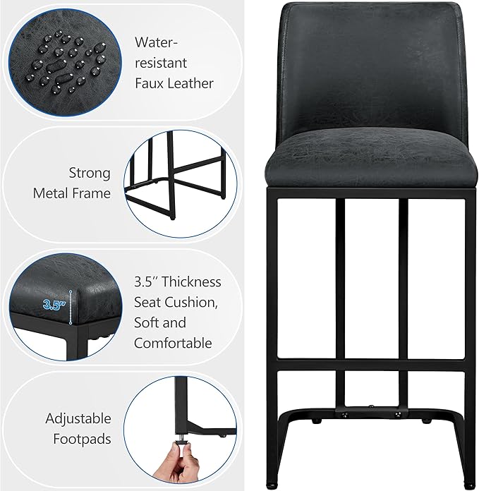 Yaheetech Bar Stools Set of 4, Counter Height Kitchen Stools 24'' Modern Leather Upholstered Bar Chairs with Back and Metal Legs for Kitchen Counter, Dark Gray