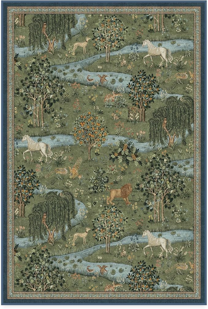 RUGGABLE x Morris & Co Washable Area Rug – Owl & Willow Green 4x6, Stain-Resistant, Non-Slip – Medium Machine Washable Rugs for Living Room, Bedroom, Hallway, Entryway & Office–with Cushioned Pad