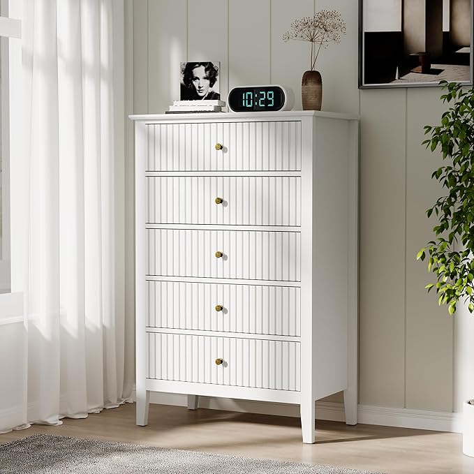 RoyalCraft White Fluted 5 Drawer Dresser for Bedroom, Tall Chest of Drawers, Waterproof Lacquered Desktop,Modern Wood Storage Cabinet for Living Room