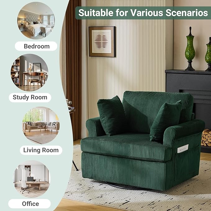 Karl home Swivel Accent Chair Set of 2, 39" Oversized Armchair W/2 Pillows and 4 Pockets,Modern Corduroy Barrel Chairs,Comfy Single Sofa for Living Room,Reading,Bedroom and Office-Dark Green