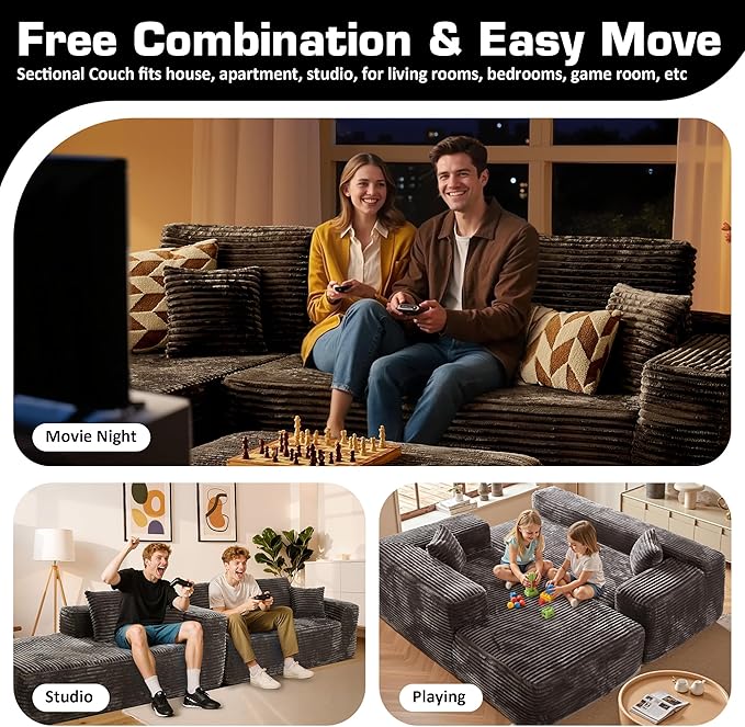 106" Cloud Sectional Couch with L-Shape Chaise & Ottoman, No Assembly Modular Sofa, Deep Seat Plush Corduroy Boneless Couched for Living Room (Gray Plush Corduroy, Left Facing Chaise with Ottoman)